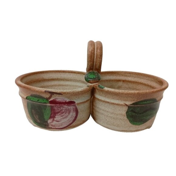 VTG Studio Pottery Stoneware Appetizer Dish With Handle Handmade Divided Signed - Picture 1 of 12